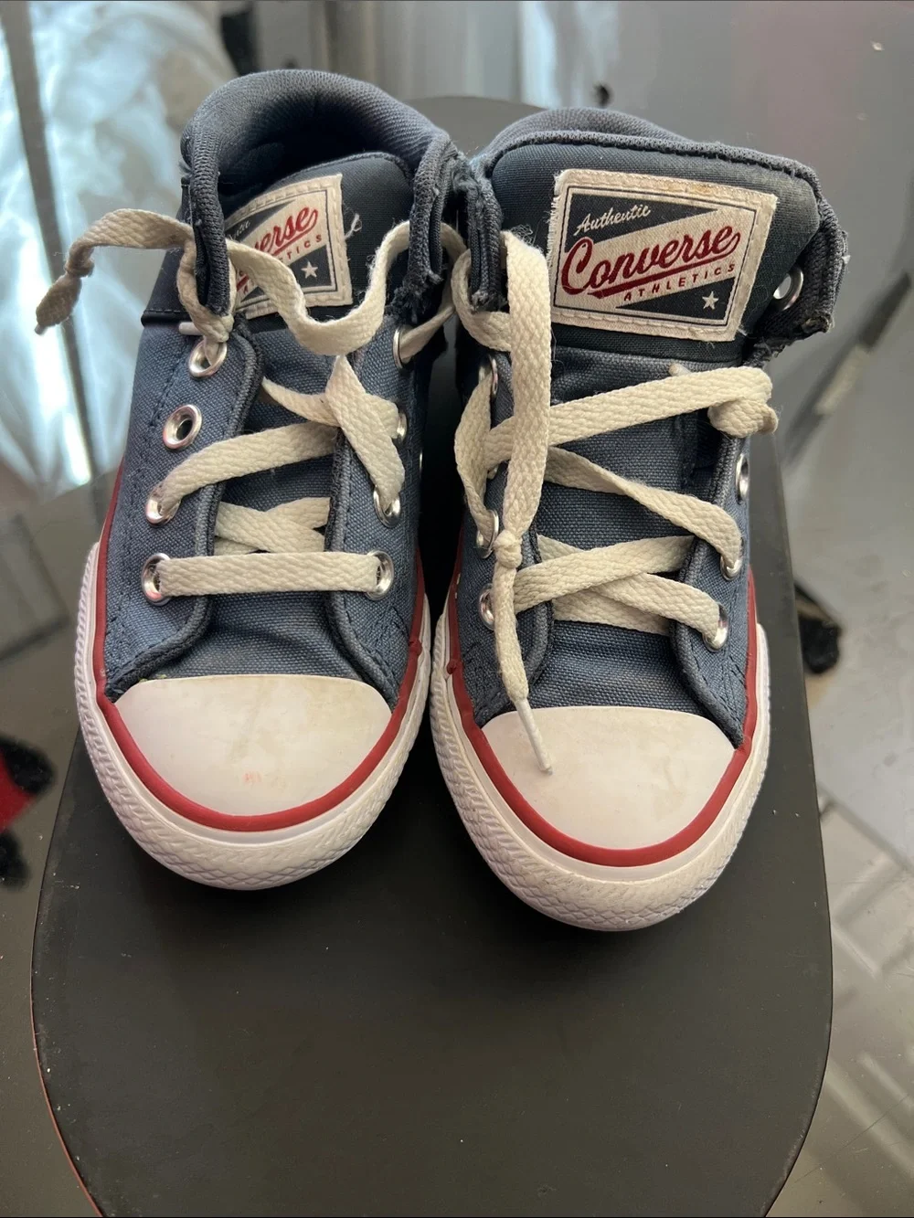 Converse Low-Top Sneakers in Blue, Black and White with Red Trim